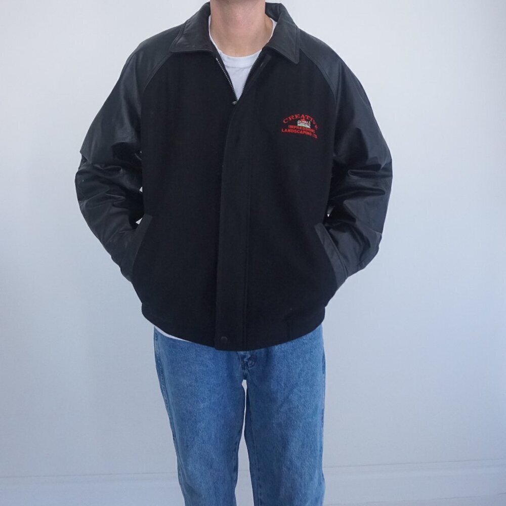 Vintage Stormtech Black 100% Leather & Wool Zip Up Bomber Jacket L